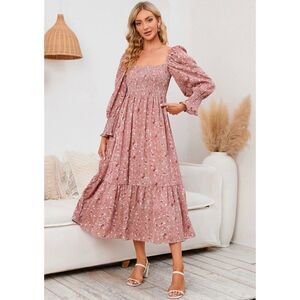 Women’s Pink Floral Smocked Maxi Dress Long Sleeve Size L New